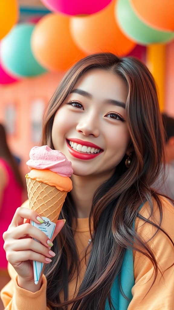 Jisoo from BLACKPINK enjoying ice cream with a big smile, in a colorful setting.